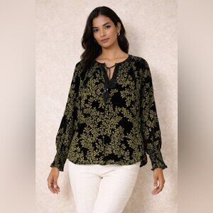 NILE Black Green Velvet Burnout Blouse Boho Long Sleeve Size M Relaxed Fit